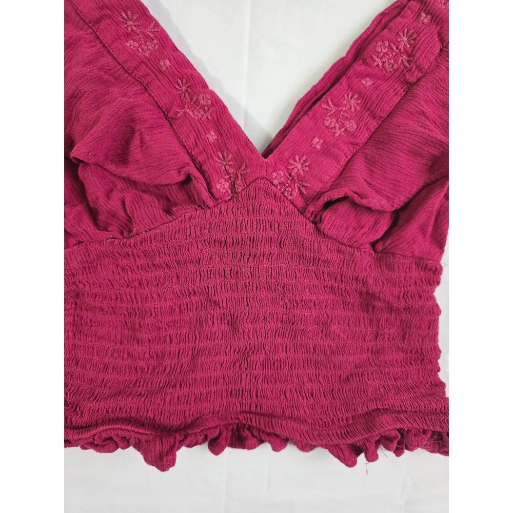 Stradivarius Smocked Crop Top Pink Embroidered Ruffle V-Neck Boho Sleeveless S - Picture 4 of 16